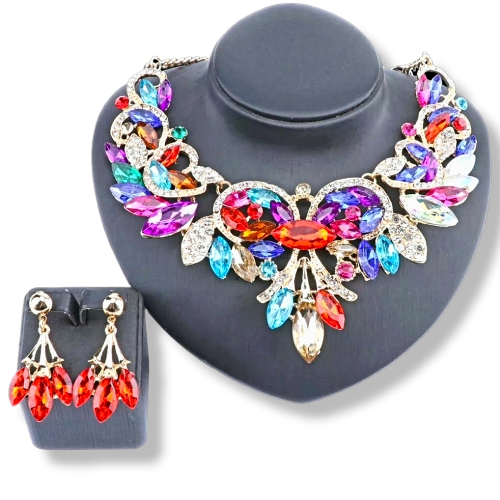 18K gold plated multi color rainbow crystal Necklace earrings set